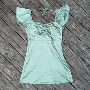 Green Satin Ruffle Trim Mini Dress